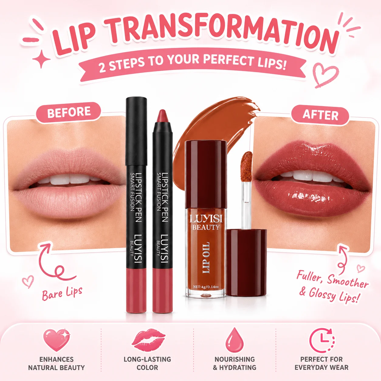 2pcs/Set Lip Makeup:1PC Matte Lip Lipstick+1pc Moisturizing Lip Oil,Texture&Soft Lip Kit,Moisture And Waterproof.Glossy Finish. - view 5