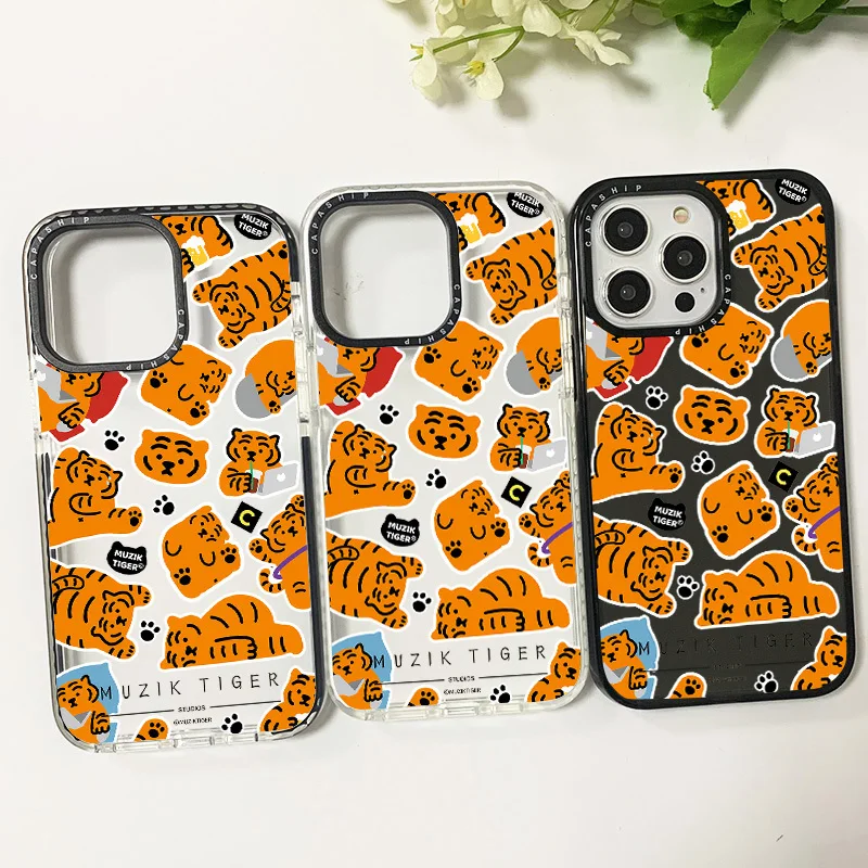 Cute Cartoon Tiger Sticker Phone Case For Iphone 11 14 15 Pro Max Silicone Soft Funda 12 13 Mini 7 Plus XR X Anti-fall Cover