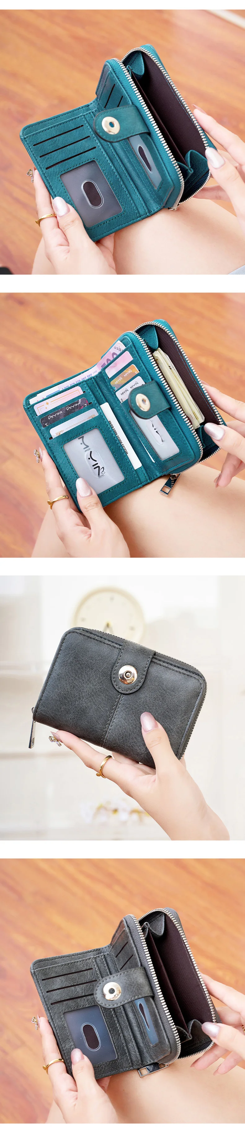 Vintage Damen RFID-blockierende Multifunktions-Kurzgeldbörse, Modische Großraum-Reißverschluss-Münzbörse, Einfacher Ausweis- und Kreditkartenhalter – Detail 8