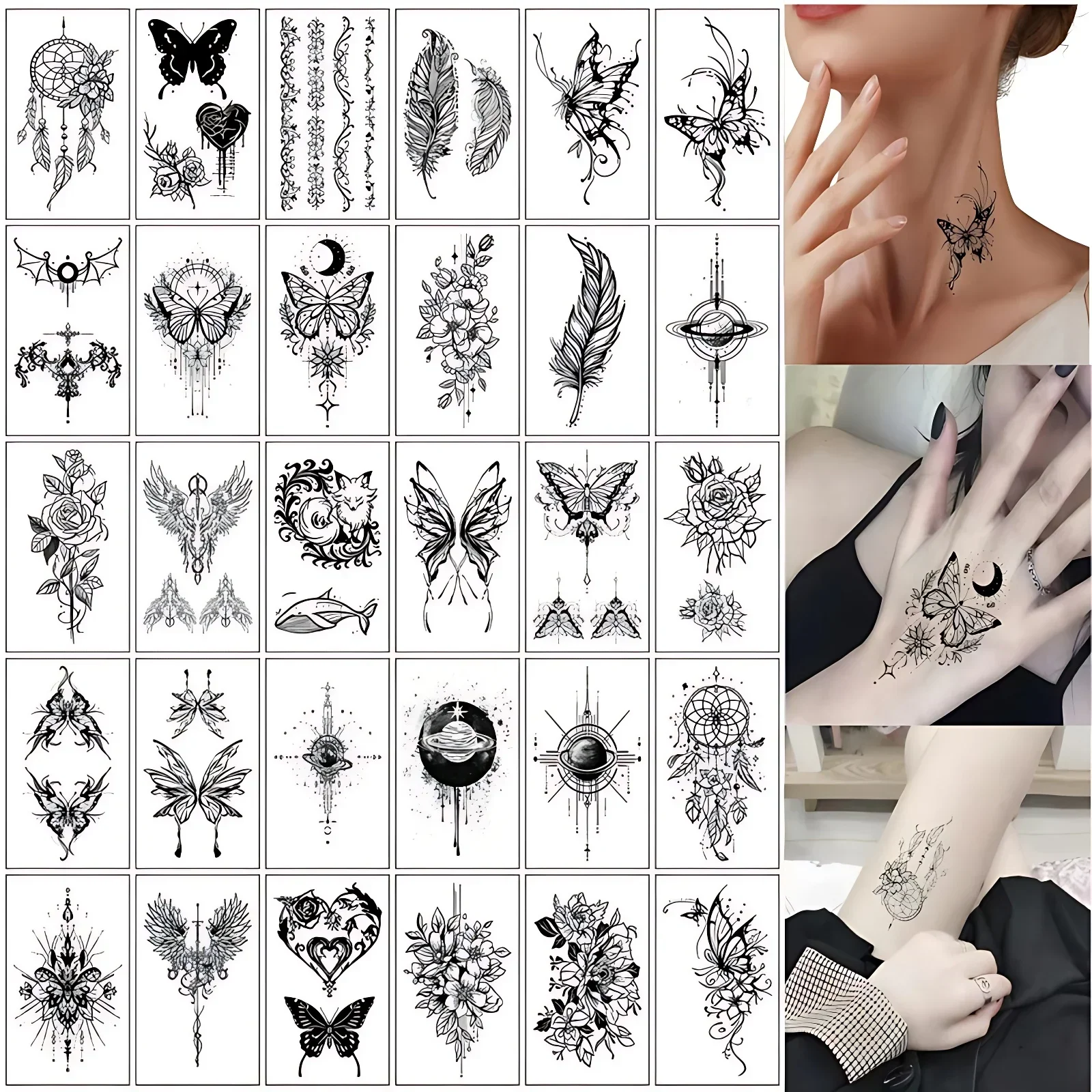 30pcs/pack Fake Tattoo for Women Men Girls Color Line Black Butterfly Totem Quote Flower Tattoo Sticker Long Lasting Arm Hand