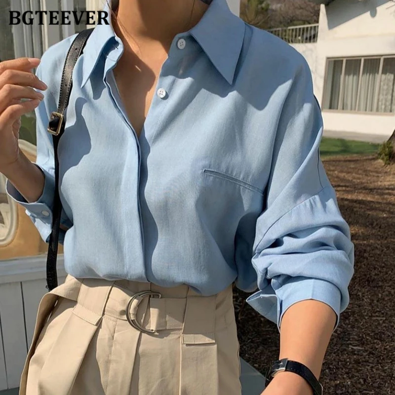 BGTEEVER Elegant Turn-down Collar Ladies Cotton Shirts Tops Summer Autumn Long Sleeve Loose Pocket Women Blouses