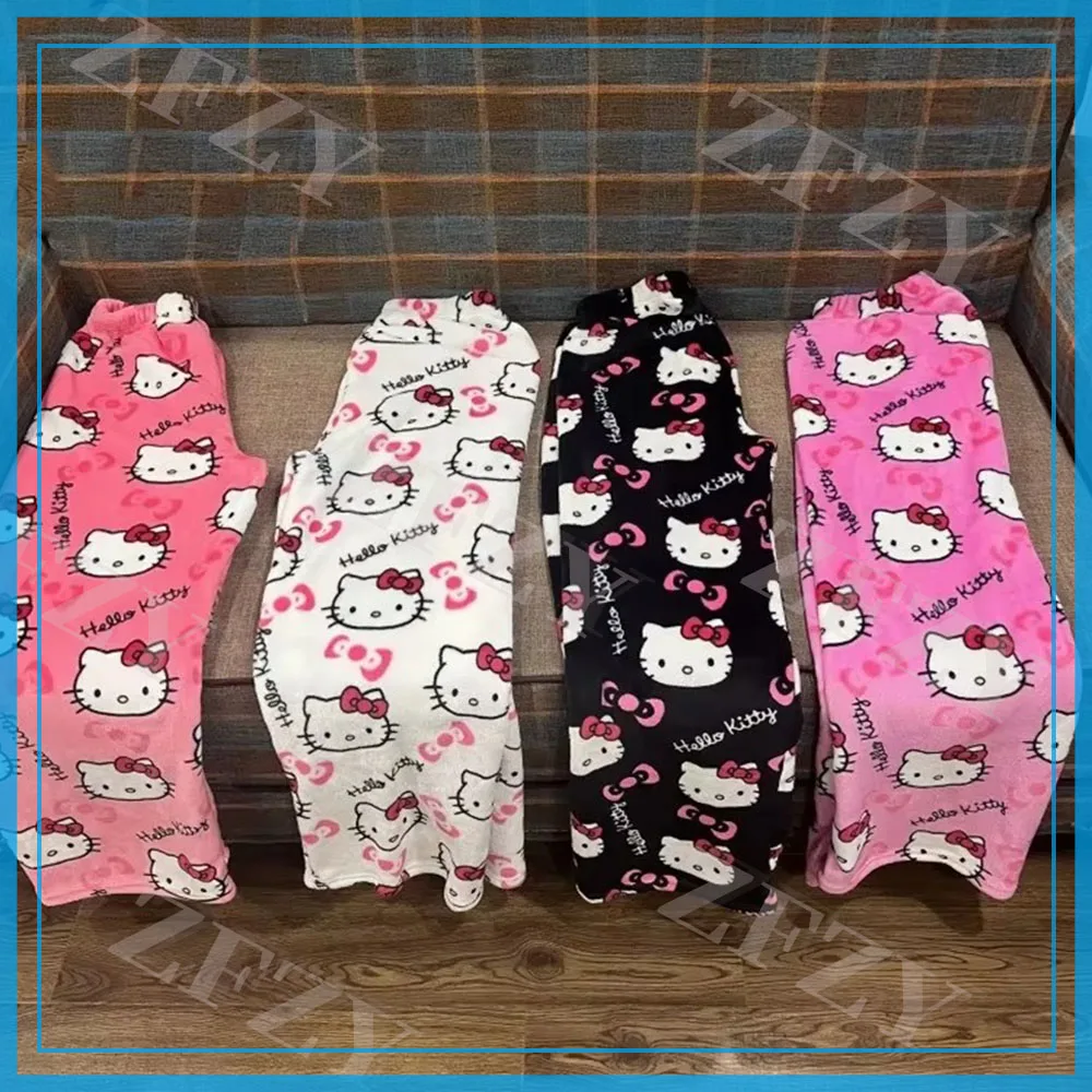 Hello Kitty-Pyjama en laine Anime Glutnel pour femme, dessin animé chaud, pantalon décontracté pour la maison, mode fille, automne, hiver, Y2k, FJJM