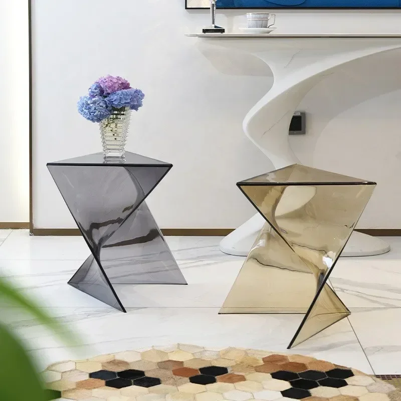 Transparent Geometric Coffee Table, Minimalist Designer Corner Table, Acrylic Sofa, Living Room