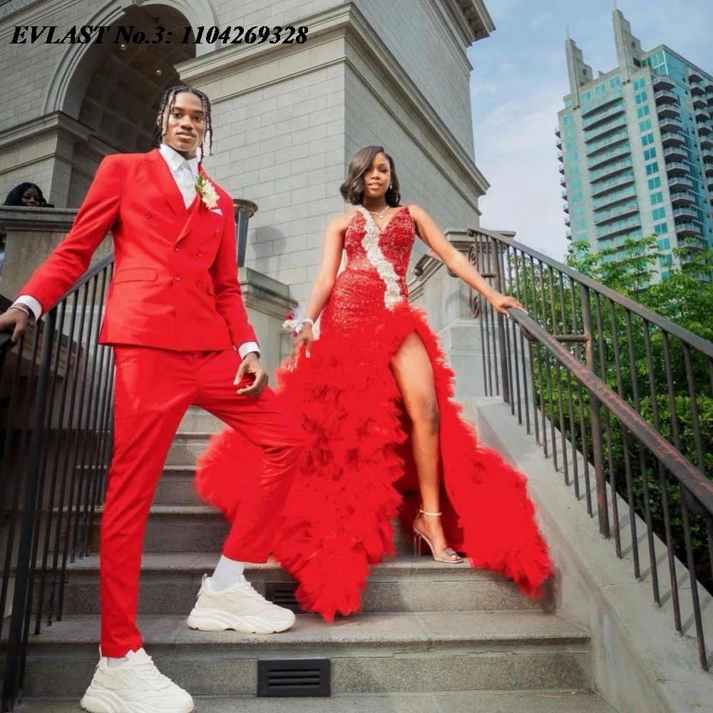 EVLAST Customized African Red Aso Ebi Mermaid Prom Dress High Slit Ruffles Crystal Beaded Evening Gown Robe De Soirée E3P527