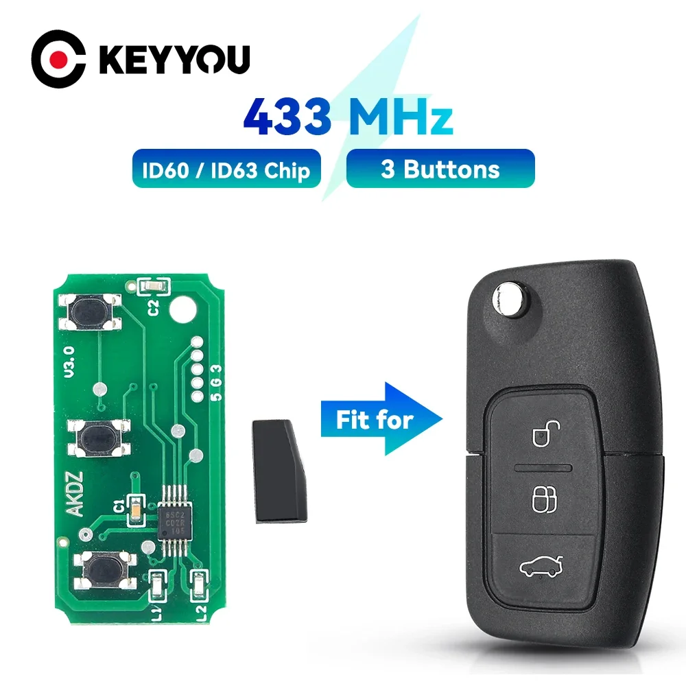 

KEYYOU 433 МГц Автомобильный ключ печатная плата для Ford Focus 2 3 Mondeo Fiesta C Max S Max Galaxy 3 кнопки ID60 ID63 чип