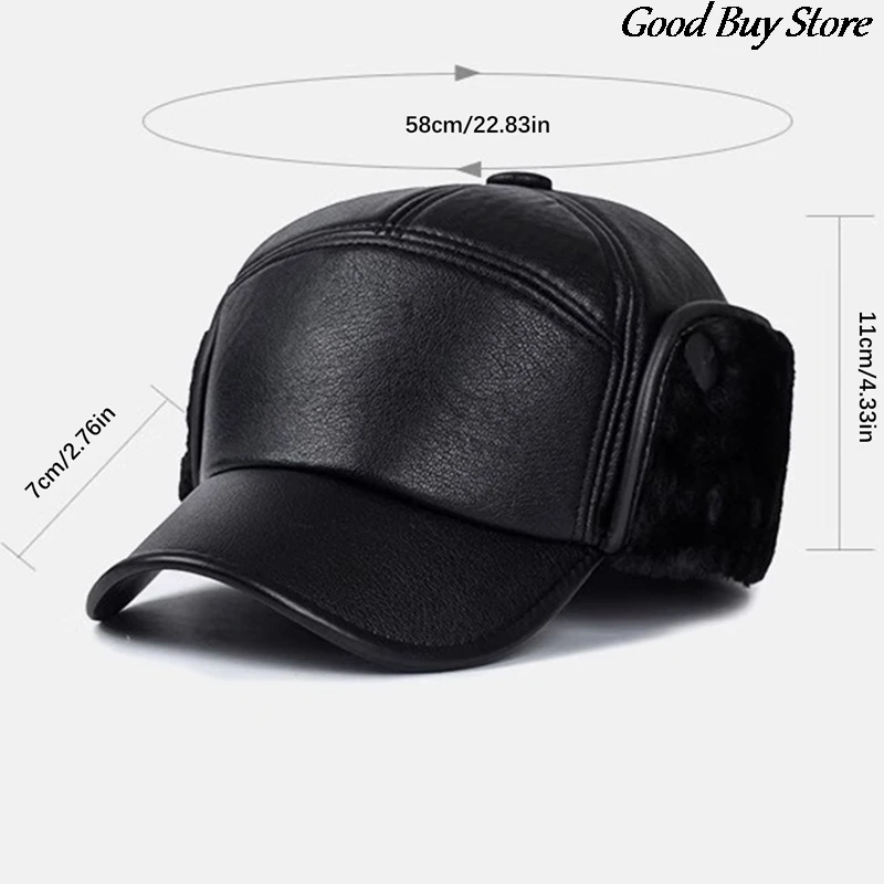 Leather Fur Snapback Caps with Earmuffs Ear Protection Bomber Hats Men Winter Baseball Hat Warm Visors Casquette Fishing Skiing