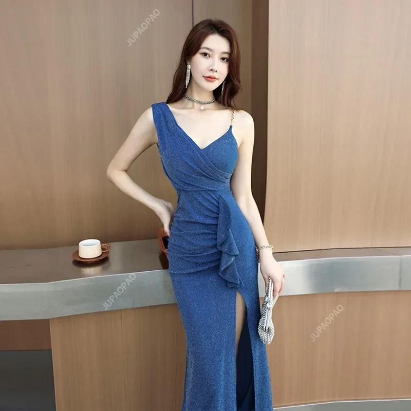 

New Sexy Slim Fit Evening Gown Luxury Dress Women's Backless V-neck Camisole Long Dress Hotel Front Desk Workwear Banquet Dress