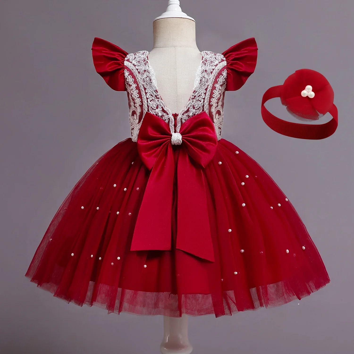 Summer Princess Baby Girls Tutu Dress Weddings Party Dress Birthday Dresses for Toddler Kids Pearls Bow Costumes Lace Gown 1-5Y