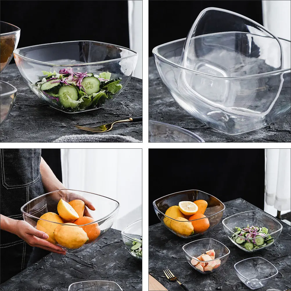 1Pcs Square Acrylic Salad Bowl Large Capacity Food Serving Bowl Smooth Bright Surface Shatter Resistant Chic Transparent Design
