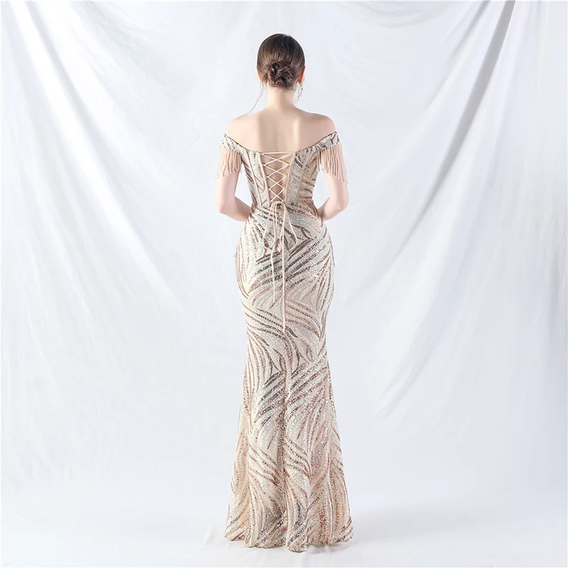 女性用セクシーでエレガントな夏のオフショルダービーズタッセル付きスパンコールレースアップバンデージスリムカクテルプロムイブニングロングドレス