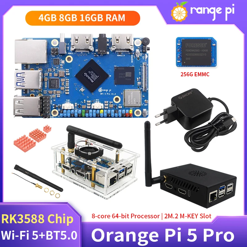 Orange Pi 5 Pro 16GB RAM Rockchip RK3588S 8-Core 64-Bit Wi-Fi 5+BT5.0 M.2 M-KEY Slot Gigabit Ethernet Mini PC Development Board