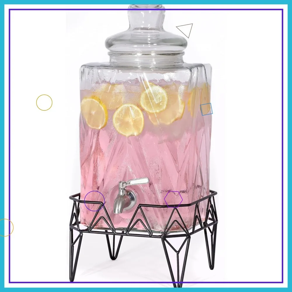 

Диспенсер для напитков из стекла объемом 2,5 галлона с краном из нержавеющей стали и подставкой, дизайн «Ледяная гладь»