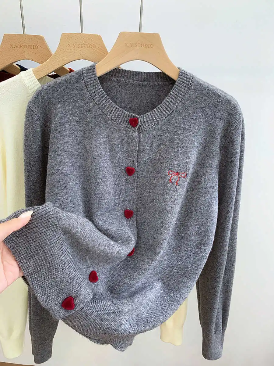 Bow Embroidery Knitted Cardigan 2026 O-Neck Single Breasted Heart Button Women Sweater Korean Casual Solid Tops Woman Clothes