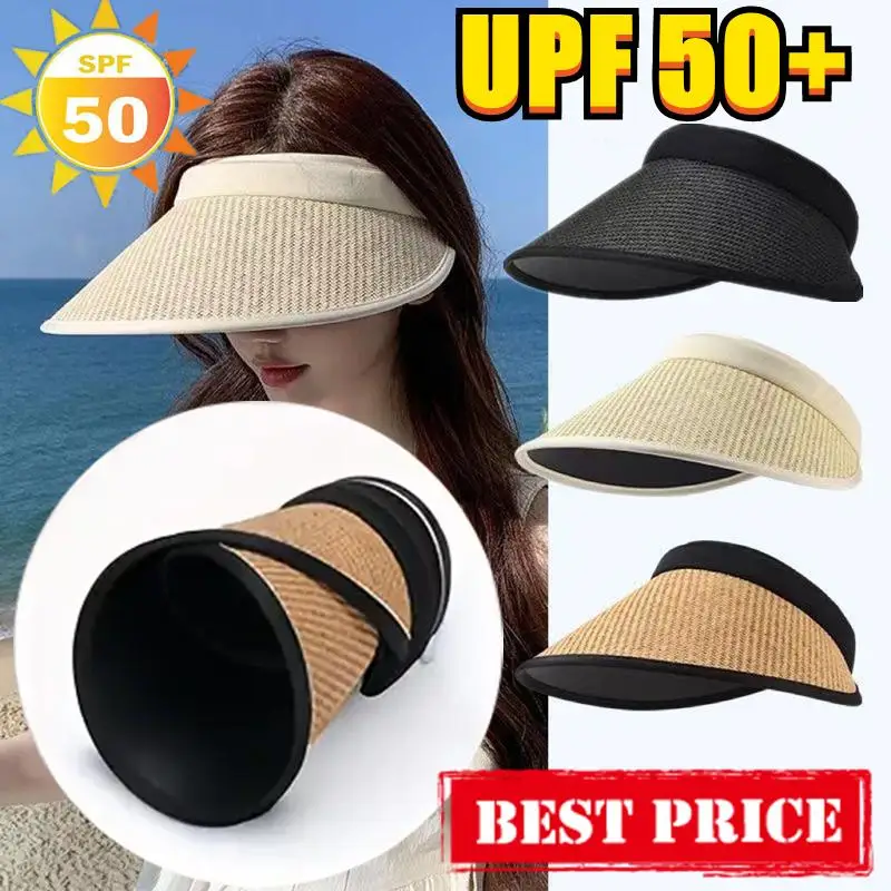 New Summer Straw Hat for Women Foldable Empty Top Sun Hats Outdoor Beach Anti-UV Protection Wide Brim Female Sunscreen Visor Cap