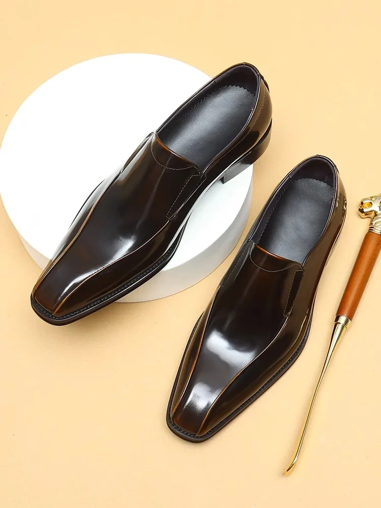

Genuine Leather Slip-On Formal Handmade Men's oes Briti Sle Square Head Large Size Suit Wedding iny Patent Leather Ca...