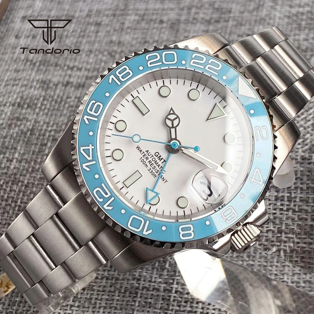 Tandorio Automatic NH34 Stainless Steel Men's Watch Blue 24H Bezel Sapphire Date GMT 40mm Mechanical Dive Wristwatch Luminous