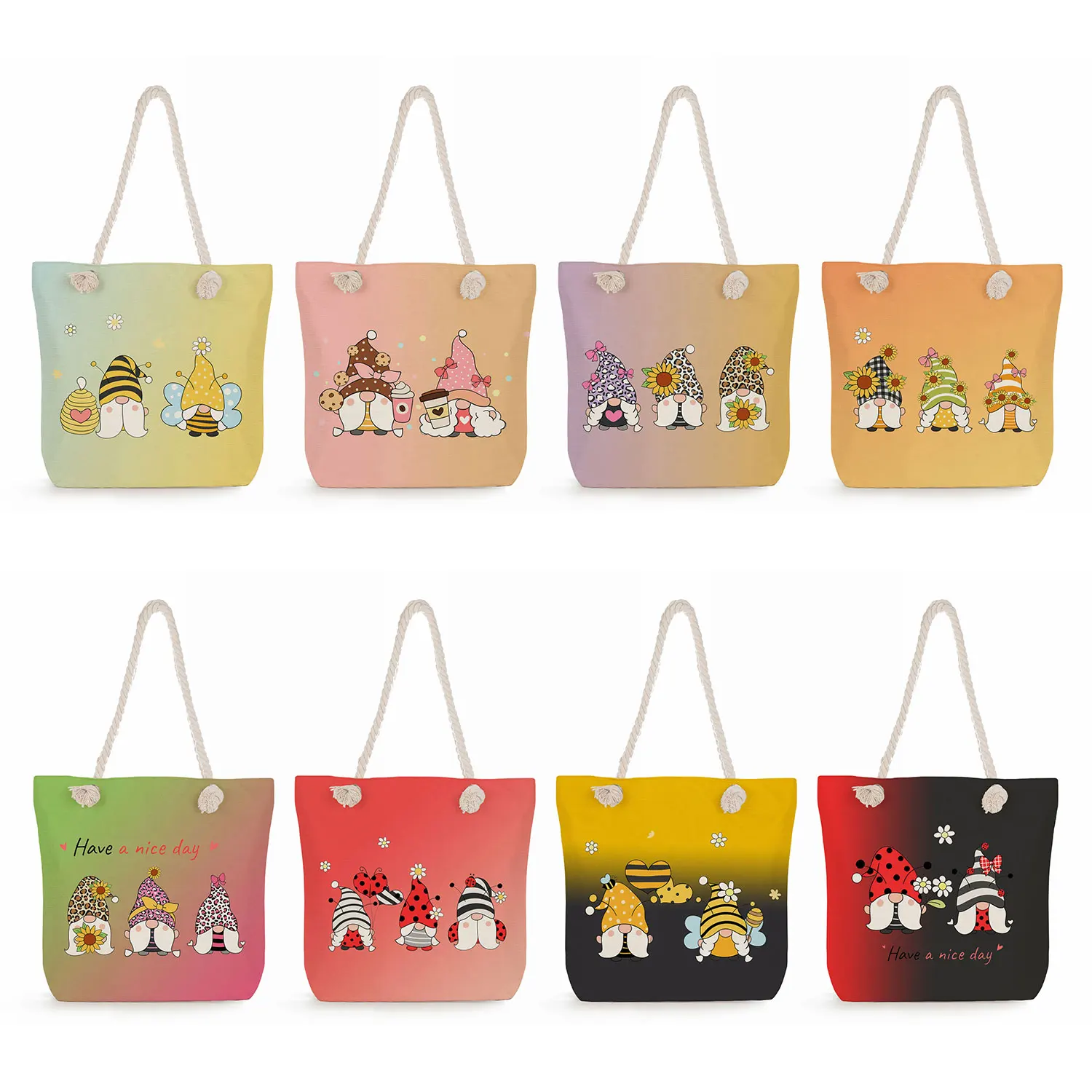 

Cute Cartoon Dwarf Print Handbags Floral Bee Graphic High Capacity Shopping Totes Women Casual Shoulder Bags Travel Beach Bags