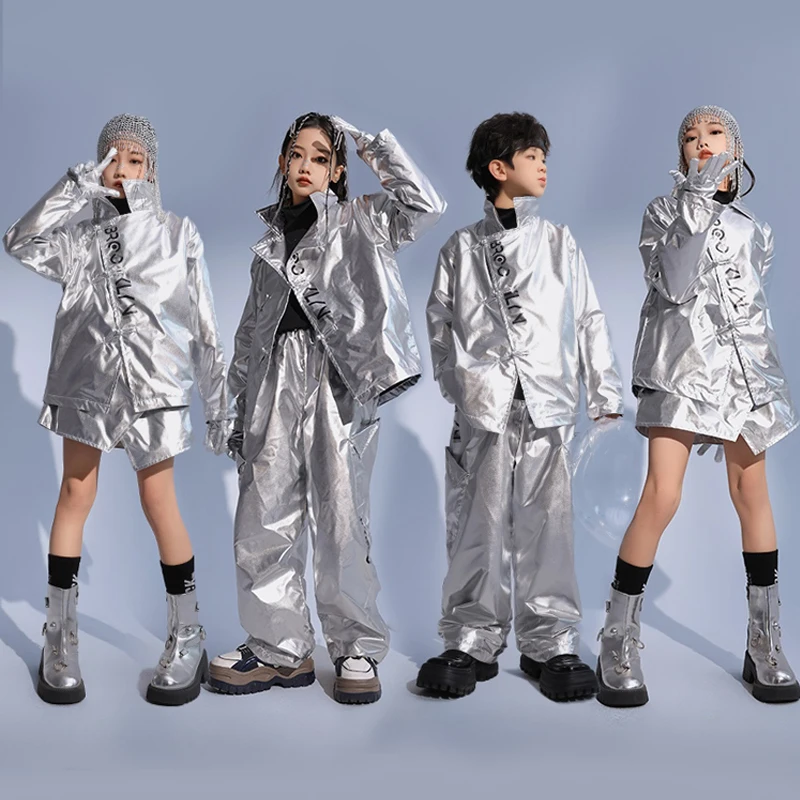 New Kids Street Wear Silver Reflective Coat Pants Girls Jazz Dance Costumes Boys Hip Hop Clothing K-pop Stage Outfits SL9511