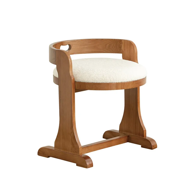 Medieval solid wood dressing stool designer home backrest lamb wool makeup stool bedroom study cloakroom retro stool