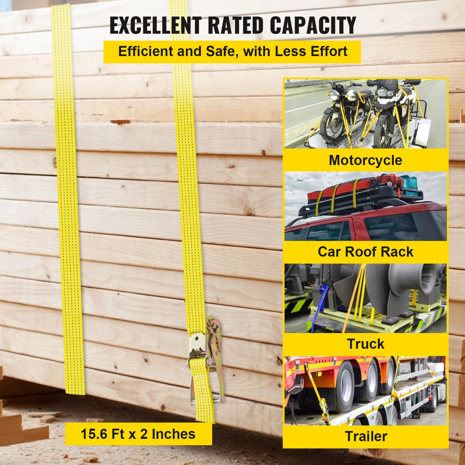VEVOR 4000ปอนด์ความจุ Ratchet Tie Down Straps 2 "กว้างโพลีเอสเตอร์ชุด Snap ตะขอสำหรับค่าเฉลี่ยรถจักรยานยนต์และสินค้า