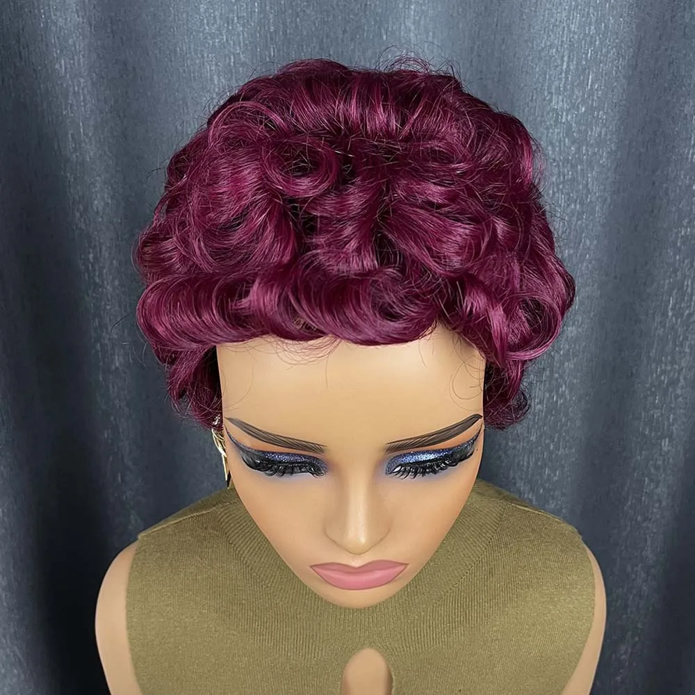 버건디 인모 픽시컷 가발 (흑인 여성용) 와인 레드 레이어드 숏 컬리 머신메이드 가발 (일상용)