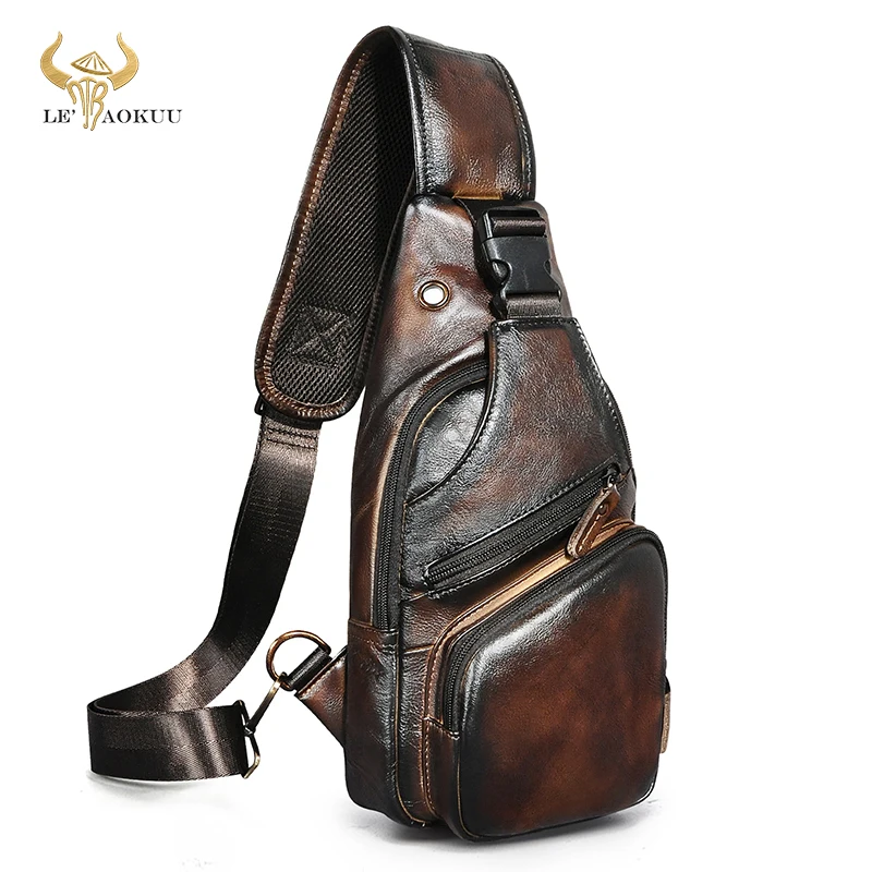 Soft Top Quality Leather Vintage Triangle Crossbody Chest Sling Bag For Men Design Travel One Shoulder Bag Daypack Male 8015