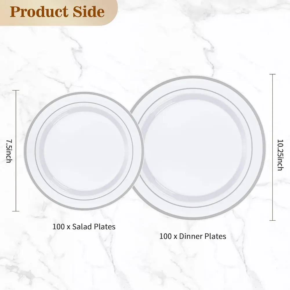 100 Dinner & 100 Dessert Disposable Silver Plastic Plates, Perfect for Parties, Weddings, and Birthdays