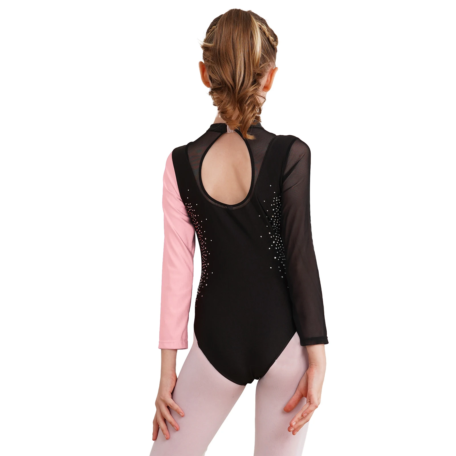 Rhythmic Gymnastics Jumpsuit for Girls Figure Skating Ballet Dance Costume Shiny Sheer Mesh Long Sleeve Cutout Back Bodysuit