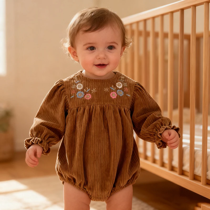 Autumn Baby Girl Clothing Spring Toddler Baby Girl Corduroy Romper Newborn Baby Girl Long Sleeve Embroidered Flowers Jumpsuit