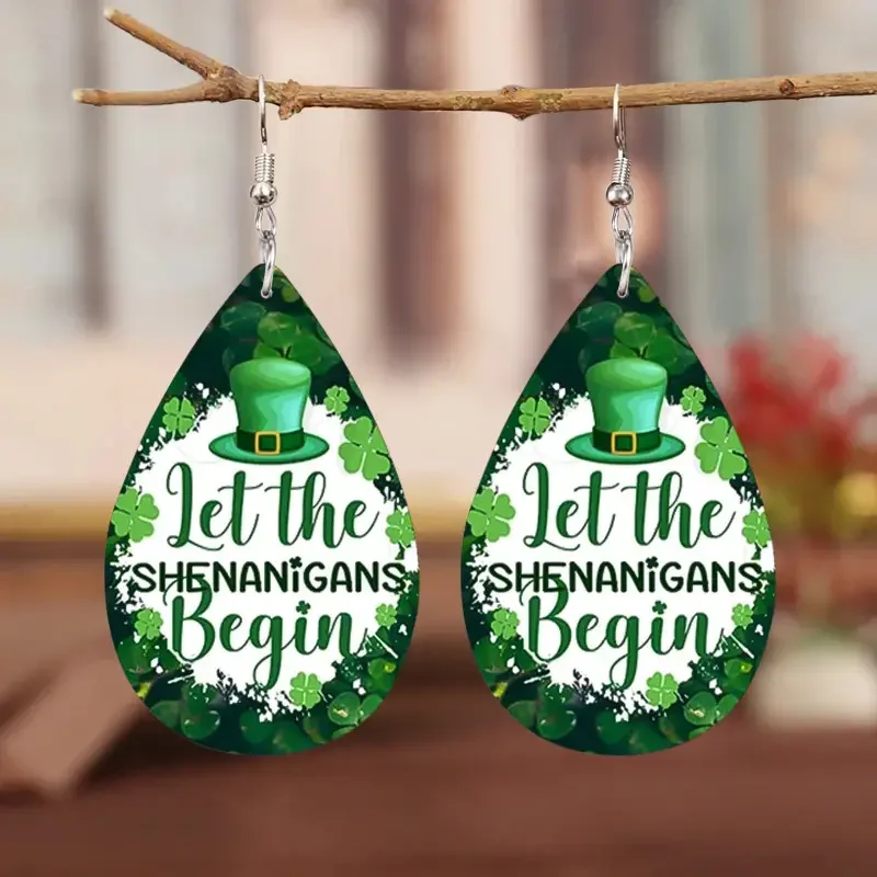 Magic Let The Shenanigans Begin Leather Earrings Green Clover Water Drop Earrings For Women