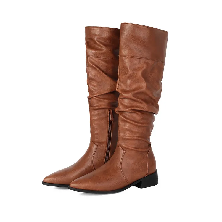 Boots for Women Pointed Toe Low Heel  Wrinkled Long Boots Stylish Casual Fall Winter Riding Booties Comfortable Fashion Shoes