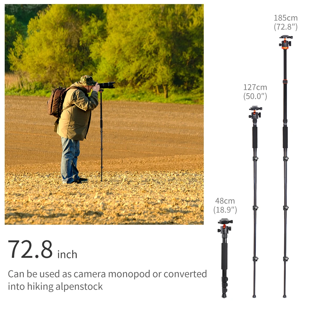 K&F Concept Camera Tripods Aluminum Travel Vlog DSLR Tripod Monopod with 360 Degree Panorama Ball Head Loading Up to 10kg