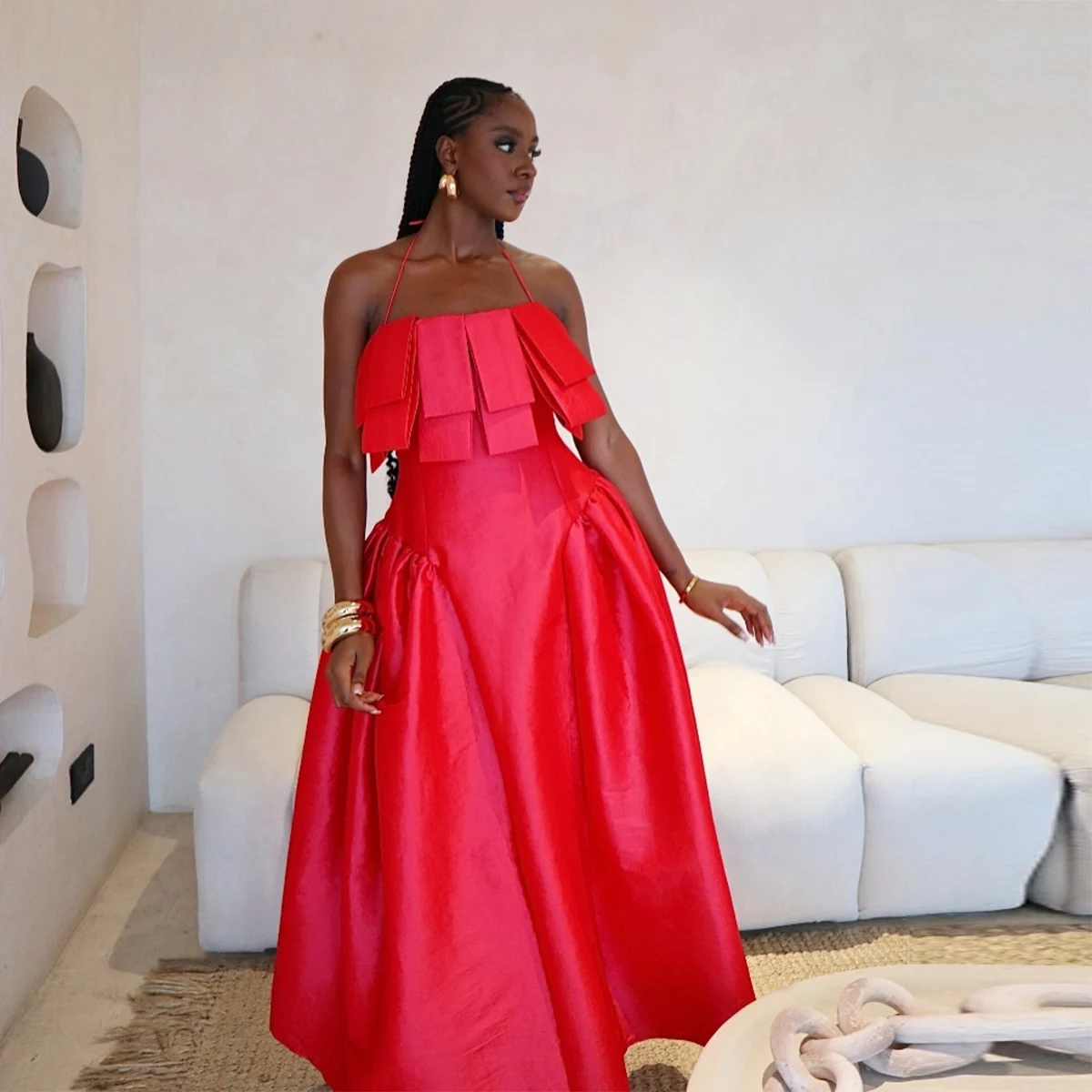 

Elegant Red Satin Halter Midi Dress Structured Layered Ruffle Bodice Statement Formal Dress for Evening Events