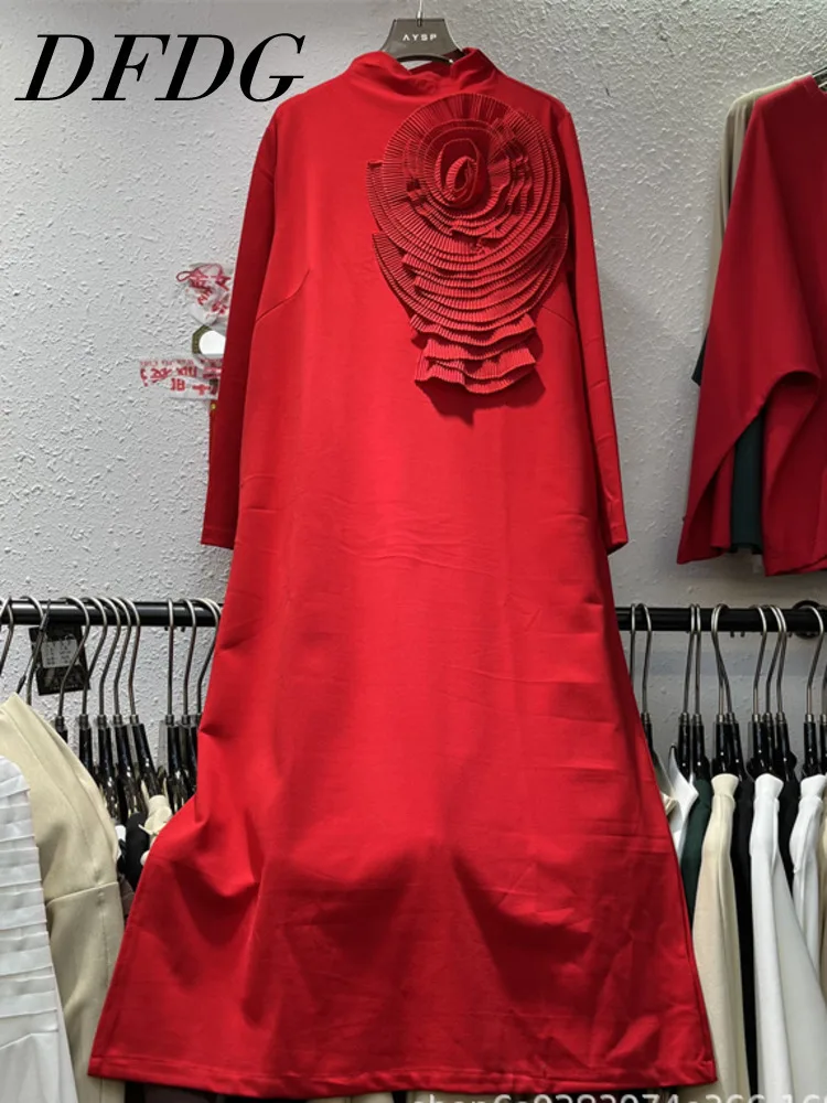 DFDG Women’s Spring Summer 2025 T-shirt Dress Pleated 3D Floral Half Turtleneck Loose Fit Chic Designer Casual Party Dress