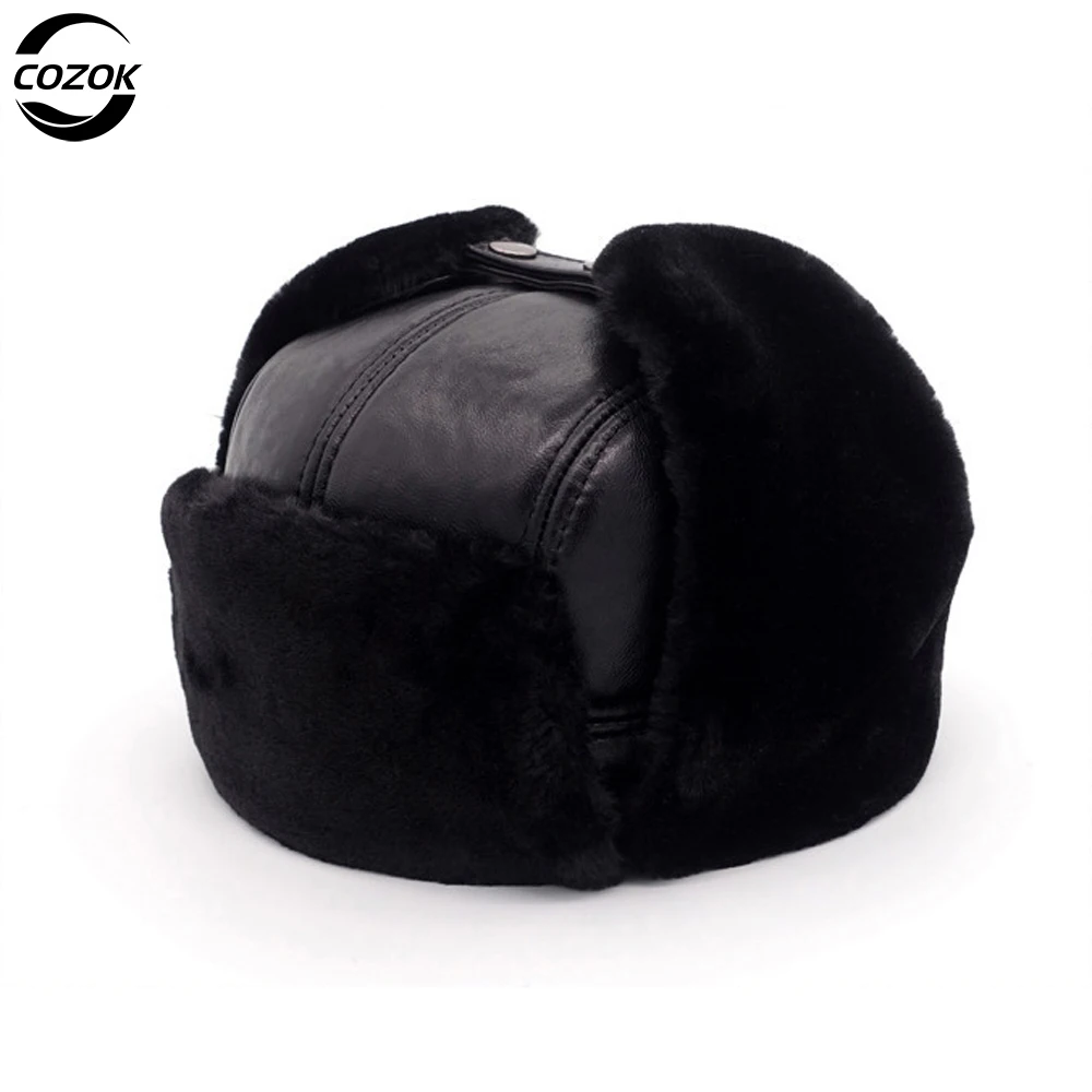 

Winter Hat Men Genuine Leather Sheepskin Bomber Hat Earflap Black Warm Thick Ski Snow Windproof Male Russian Hat