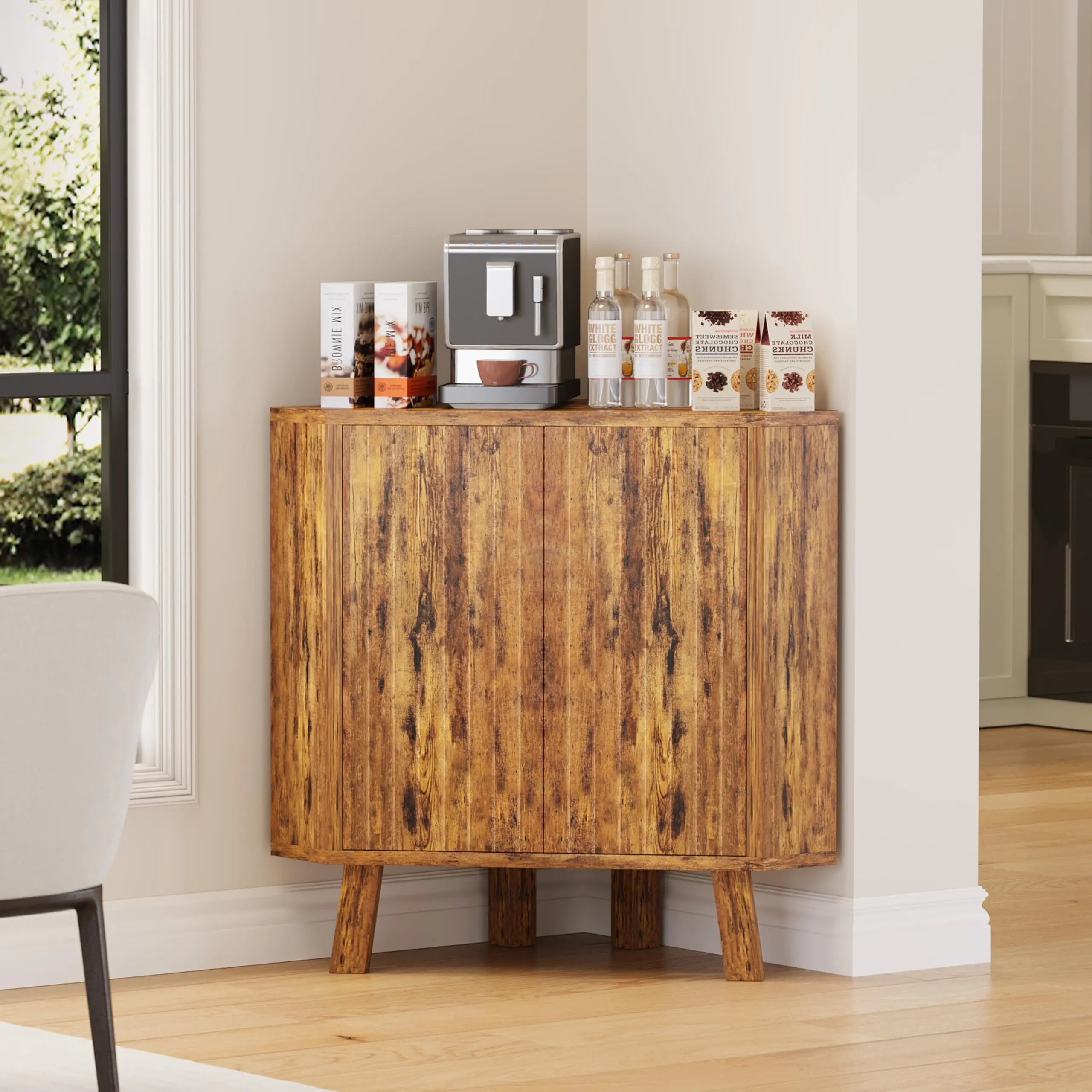 

Industrial 3-Tier Triangle Corner Cabinet With Fluted Doors, Space Saving Freestanding Storage With Adjustable Shelf For Home