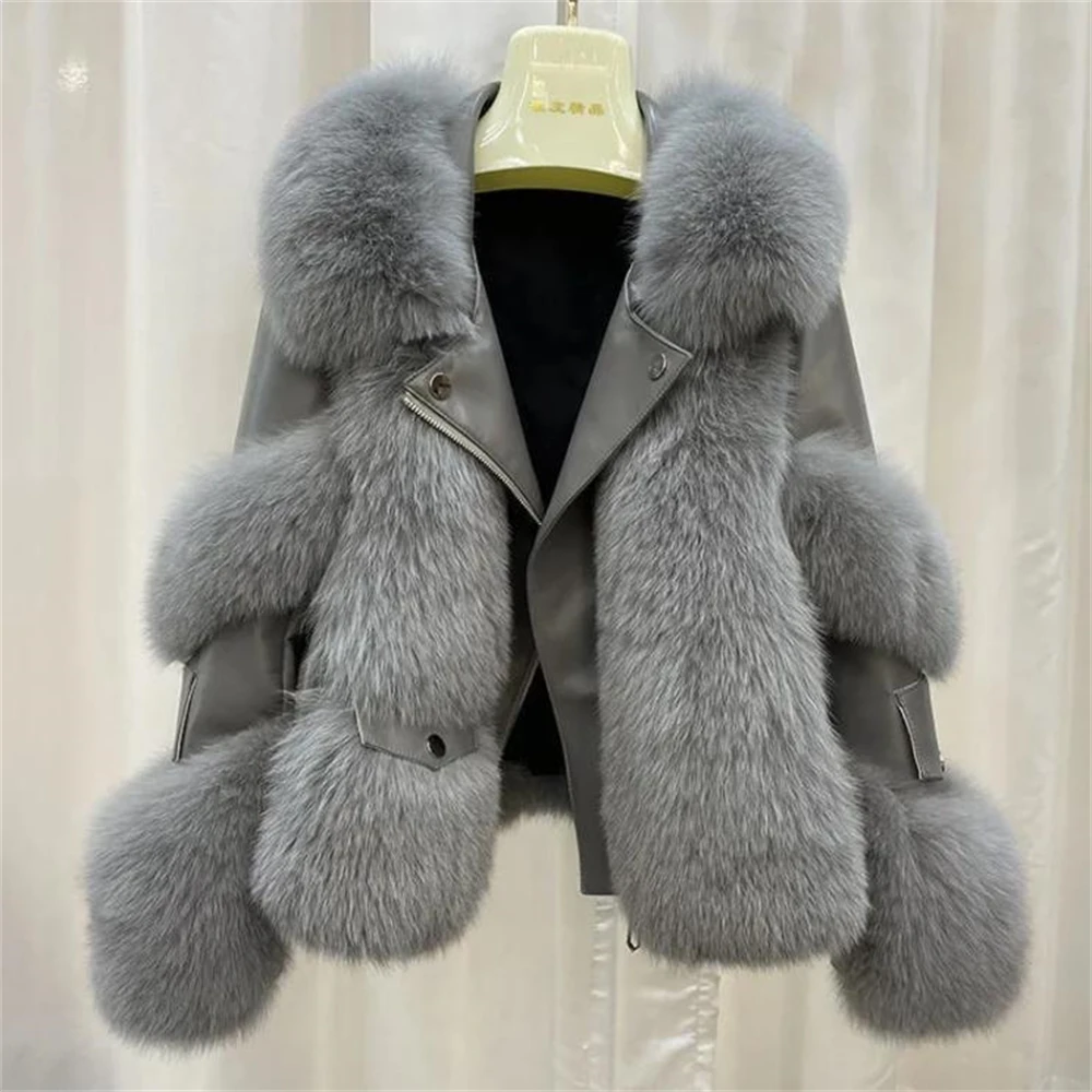 2024 Winter New Outerwear Tops Warm Short Imitation Fox Fur Coat Imitation Leather Full Fox Fur Motorcycle Jacket Luxury Women