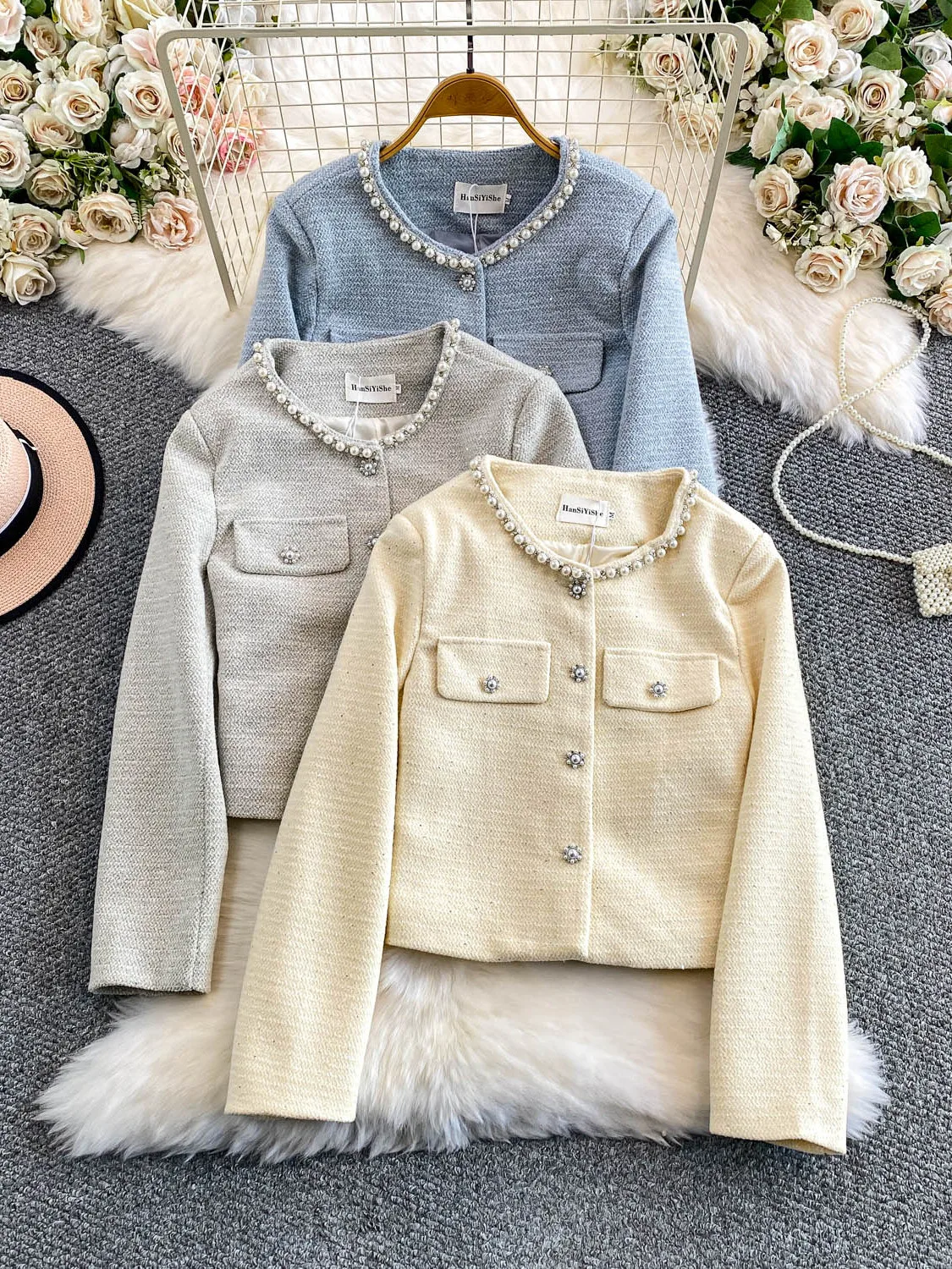 ملابس خارجية نسائية دائرية بأزرار ترتر من iny ملابس خارجية شتوية من الصوف سترة لطيفة ومشرقة #1