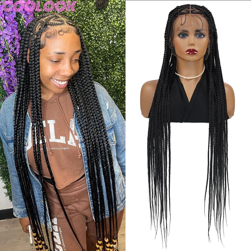 36'' Synthetic Full Lace Braided Wig for African Women Black Heart Shape Braid Wig Knotless Braids Lace Front Wig with Baby Hair