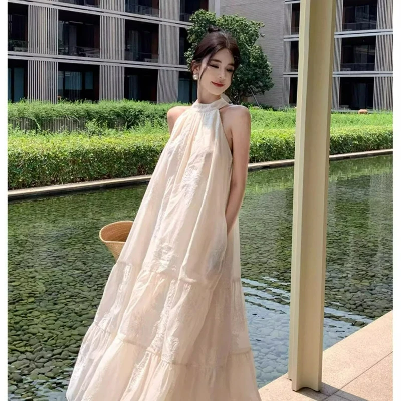

New Off-the-shoulder Embroidered Seaside Style Long Dress 2026 Summer Fashion French Retro Vacation Sleeveless Dress for Women