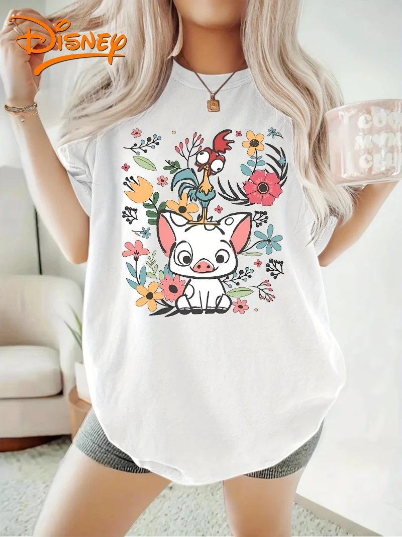 ديزني موانا خنزير صغير و Hei Hei الأزهار تي شيرت خمر المرأة الرجال القطن تيز قصيرة الأكمام س الرقبة عادية المتضخم فضفاض القمم #2