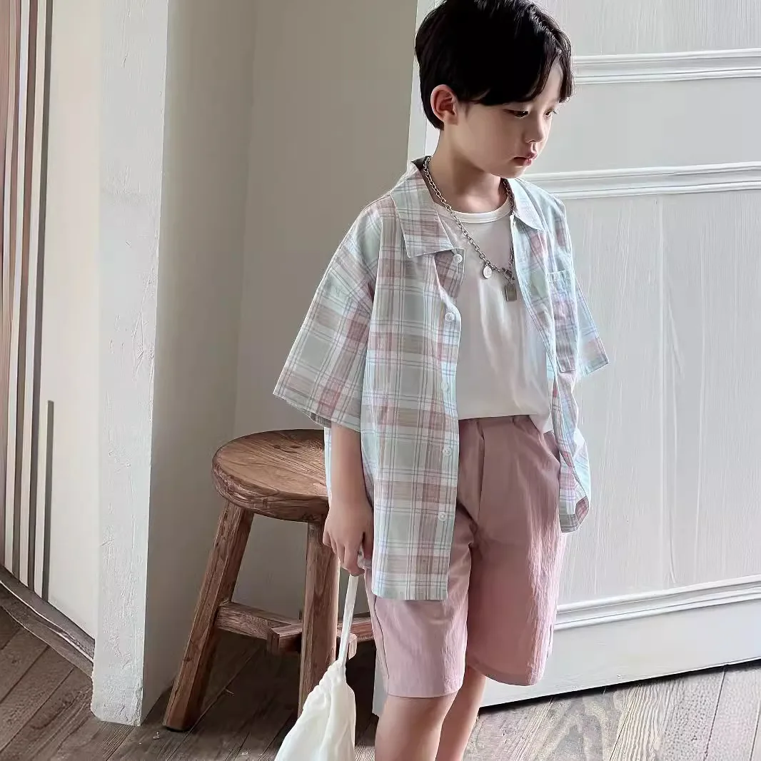 2025 Summer New Boys' Korean Children's Clothing Blue Pink Checkered Printed Water Washed Cotton Collar Short Sleeve Shirt