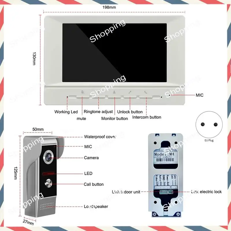 Sistema de videoportero M20K, Kits de sistema de timbre de vídeo de 7 pulgadas, compatible con monitoreo de desbloqueo para Villa, hogar, enchufe europeo
