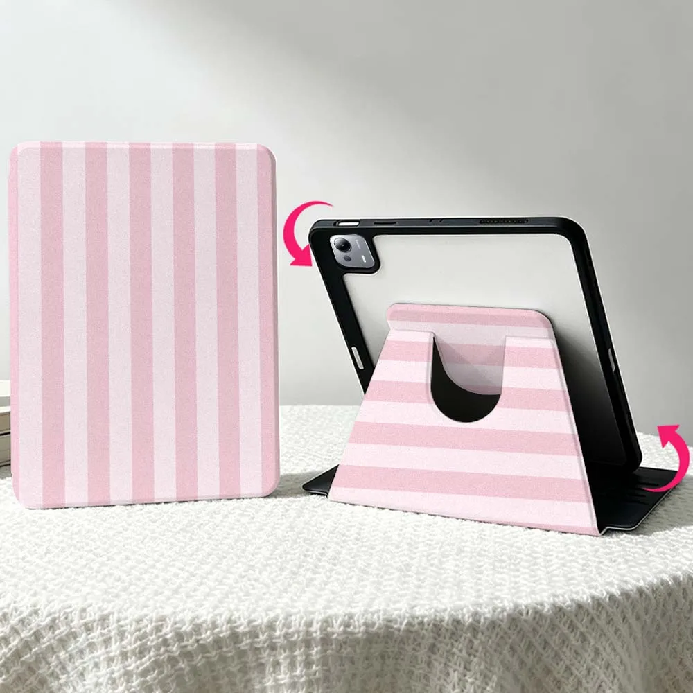Simple Pink Stripes For Xiaomi Mi Redmi Poco Pad 8 7 7S 6 6S 5 SE Pro Ultra 360° Rotation Stylus Storage Tablet Case Soft