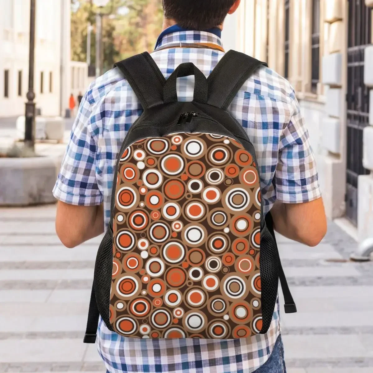 Custom Orange White And Brown Circle Retro Pattern Backpacks Men Women Fashion Bookbag for School College Bags