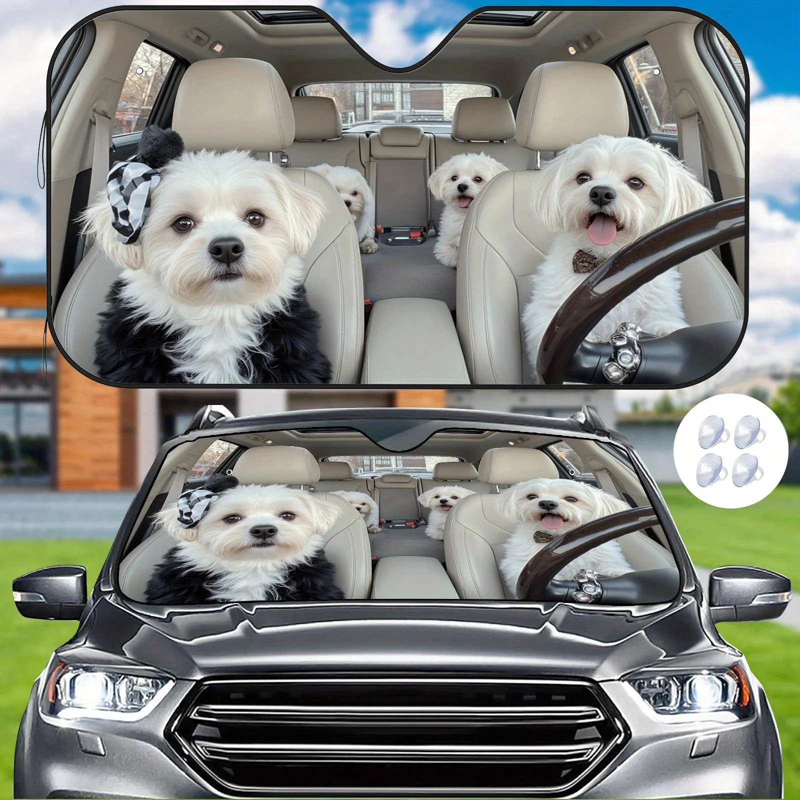 

Набор из 4 автомобильных солнцезащитных чехлов с милой белой померанской собакой и теплозащитным экраном и защитой от царапин, универсальные козырьки для лобового стекла для P