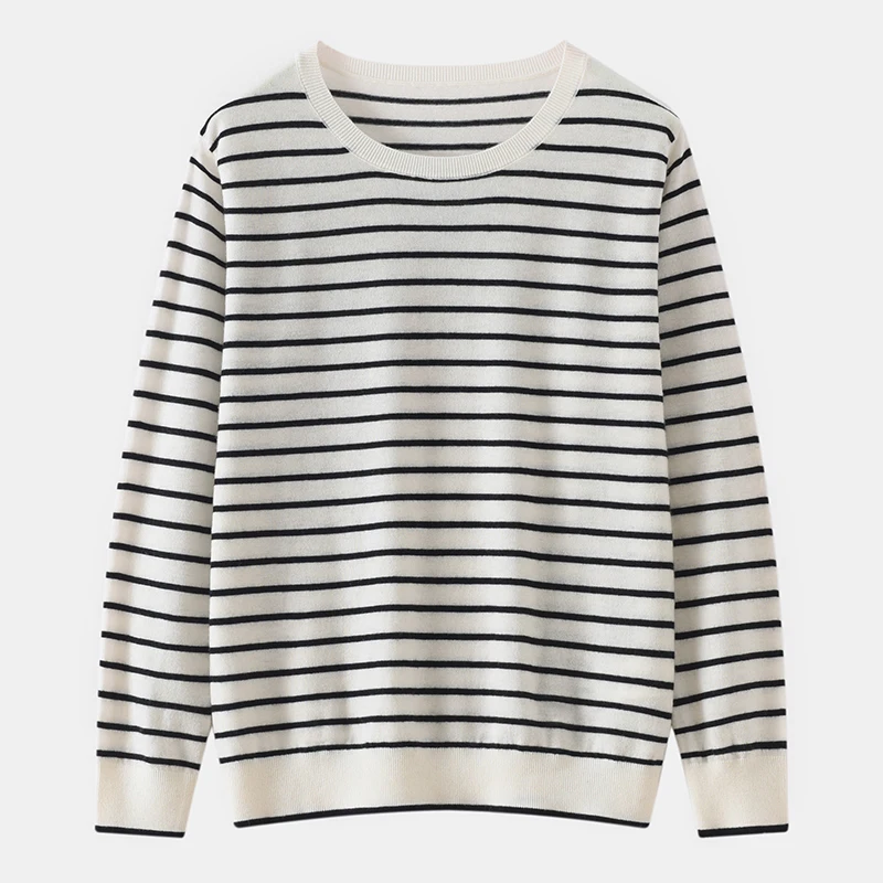 

Весенне-осенний женский пуловер из 100% тонкой шерсти, повседневный полосатый вязаный свитер свободного кроя с круглым вырезом, модный джемпер