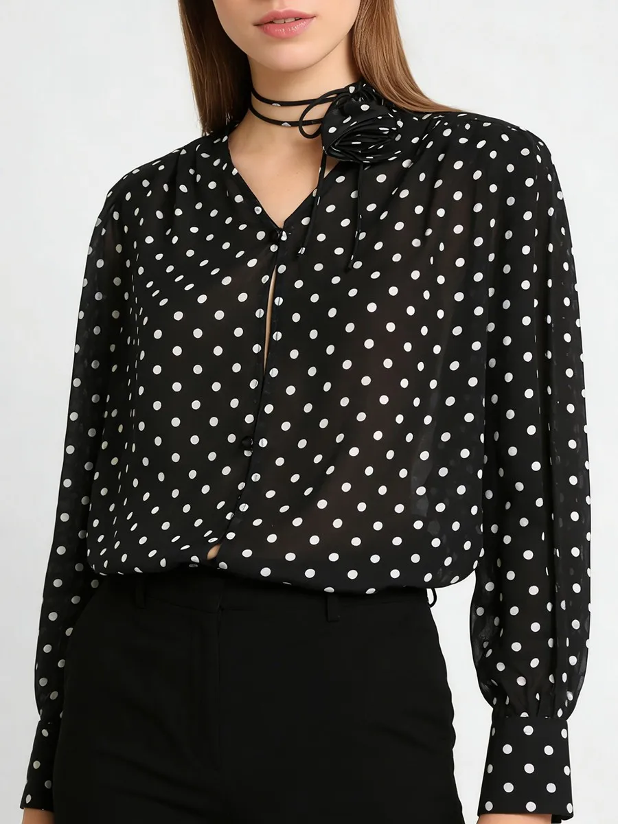 TWOTWINSTYLE Elegant Sheer Spliced Wave Point Basics Blouse for Women V Neck Long Sleeves Patchwork 3D Flower Blouses Female New