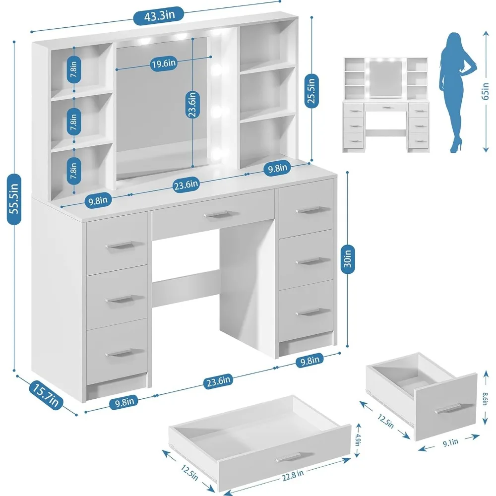 مكتب زينة كبير مع مرآة و10 مصابيح، طاولة زينة للمكياج مع مخرج طاقة، 7 أدراج و6 أرفف تخزين، فاني مكياج #2
