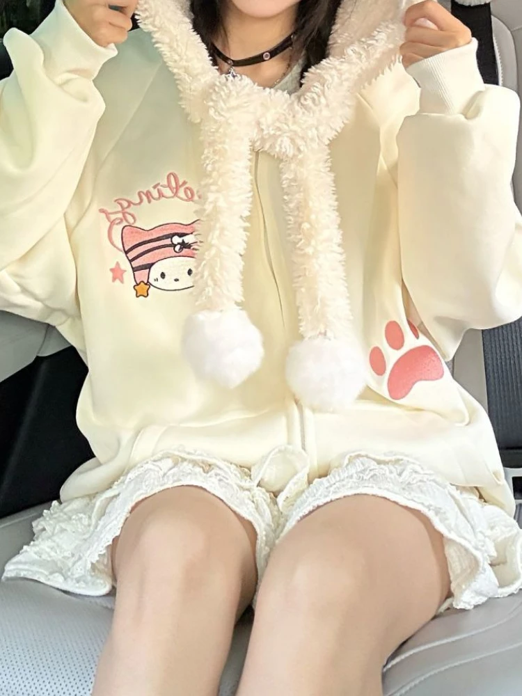 귀여운 일본식 루즈핏 긴팔 코트 여성용 가을 후드 지퍼 프린트 사랑스러운 오버코트 예쁜 따뜻한 패션 린트 후디